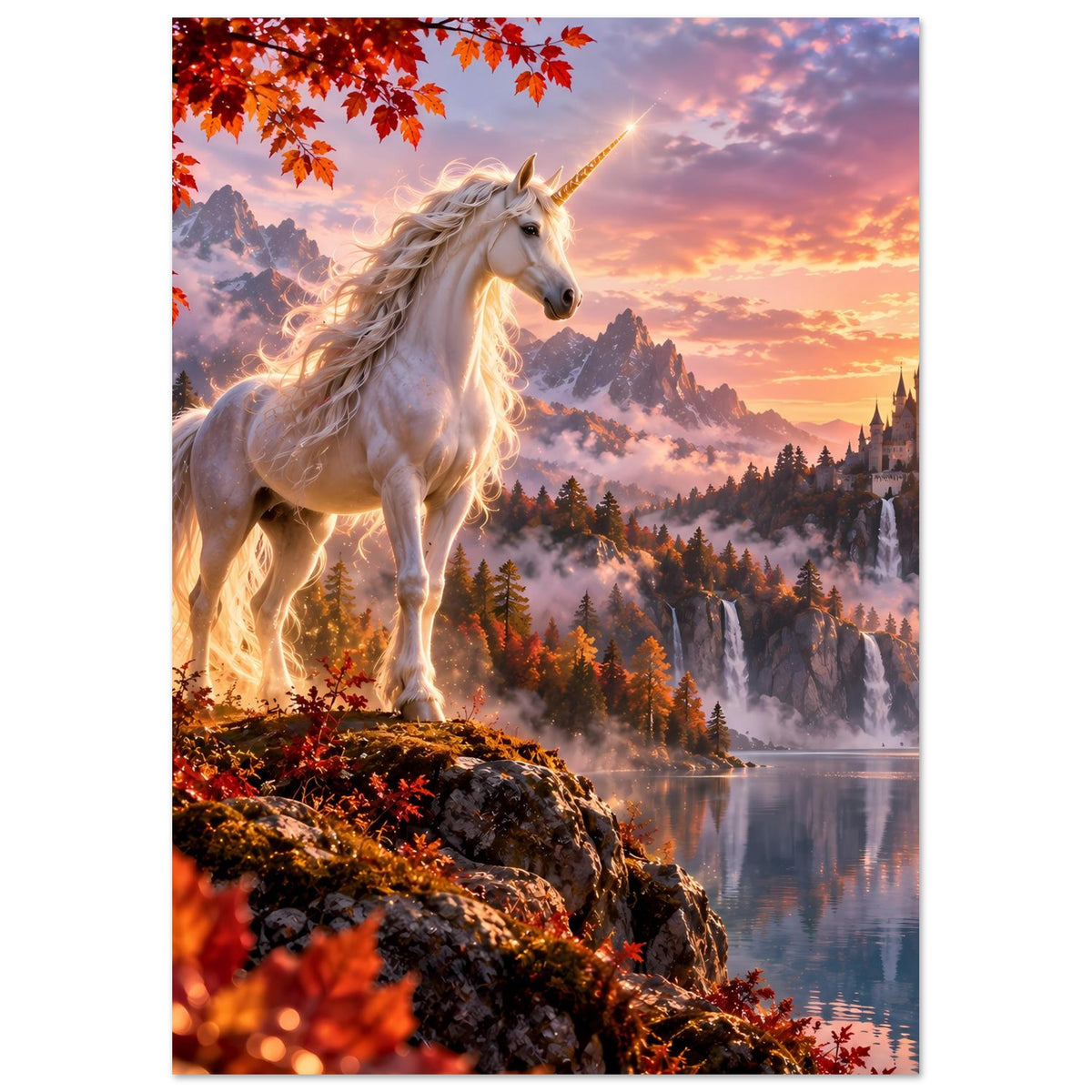 Fantasyposter mit weißem Einhorn auf Felsen, Herbstblätter und Berge im Hintergrund, Abendsonne