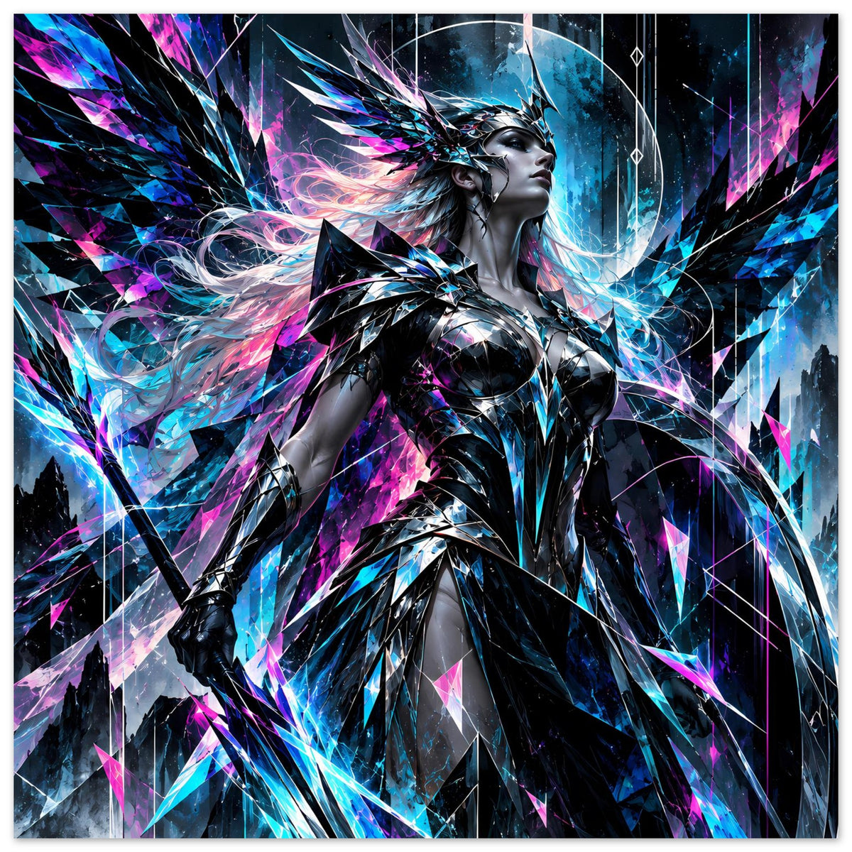 Neonfarbener Posterprint: Valkyrie in silberner Rüstung mit leuchtenden blau-pinken Effekten