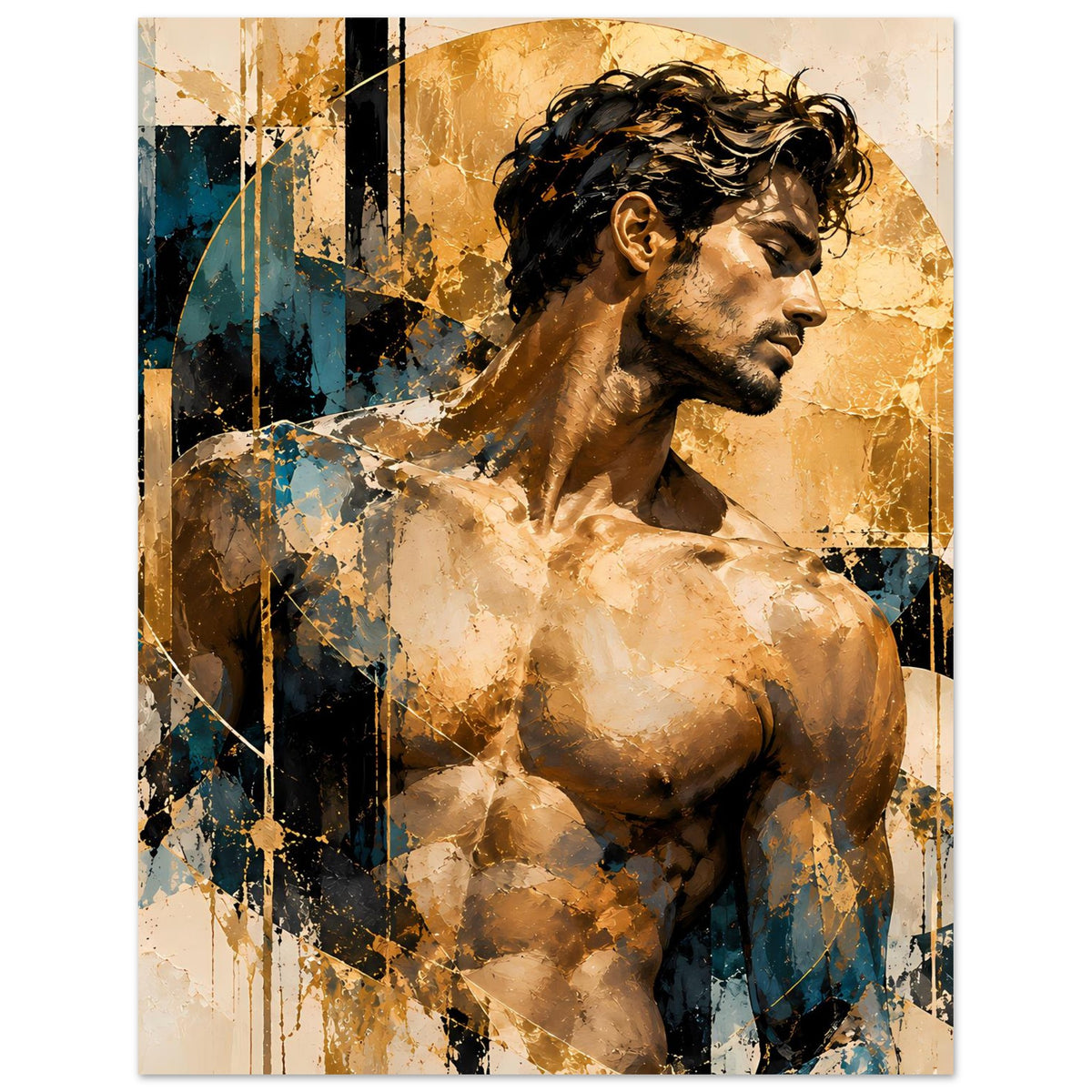 Kunstposter im Hochformat mit Akt: Oberkörper und Gesicht im Halbprofil, Gold- und Blautöne