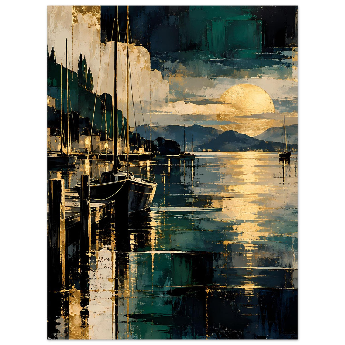 Hafenposter mit Segelbooten am Steg, blau-grüne Akzente und goldene Sonne am Horizont