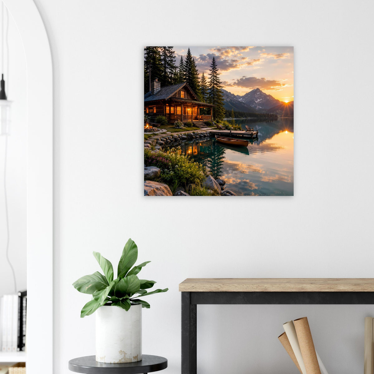 Wandposter mit Holzhaus, Steg und See bei Sonnenuntergang, Berge und Lichter