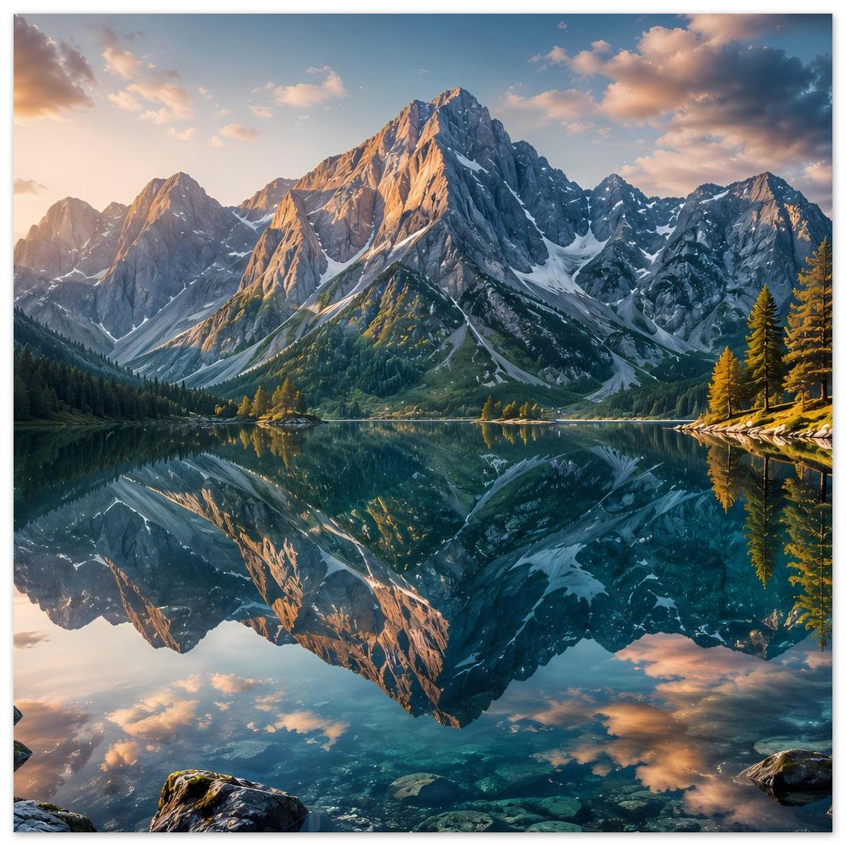 Poster mit Berglandschaft und spiegelndem See, Himmel mit Wolken und Nadelwald