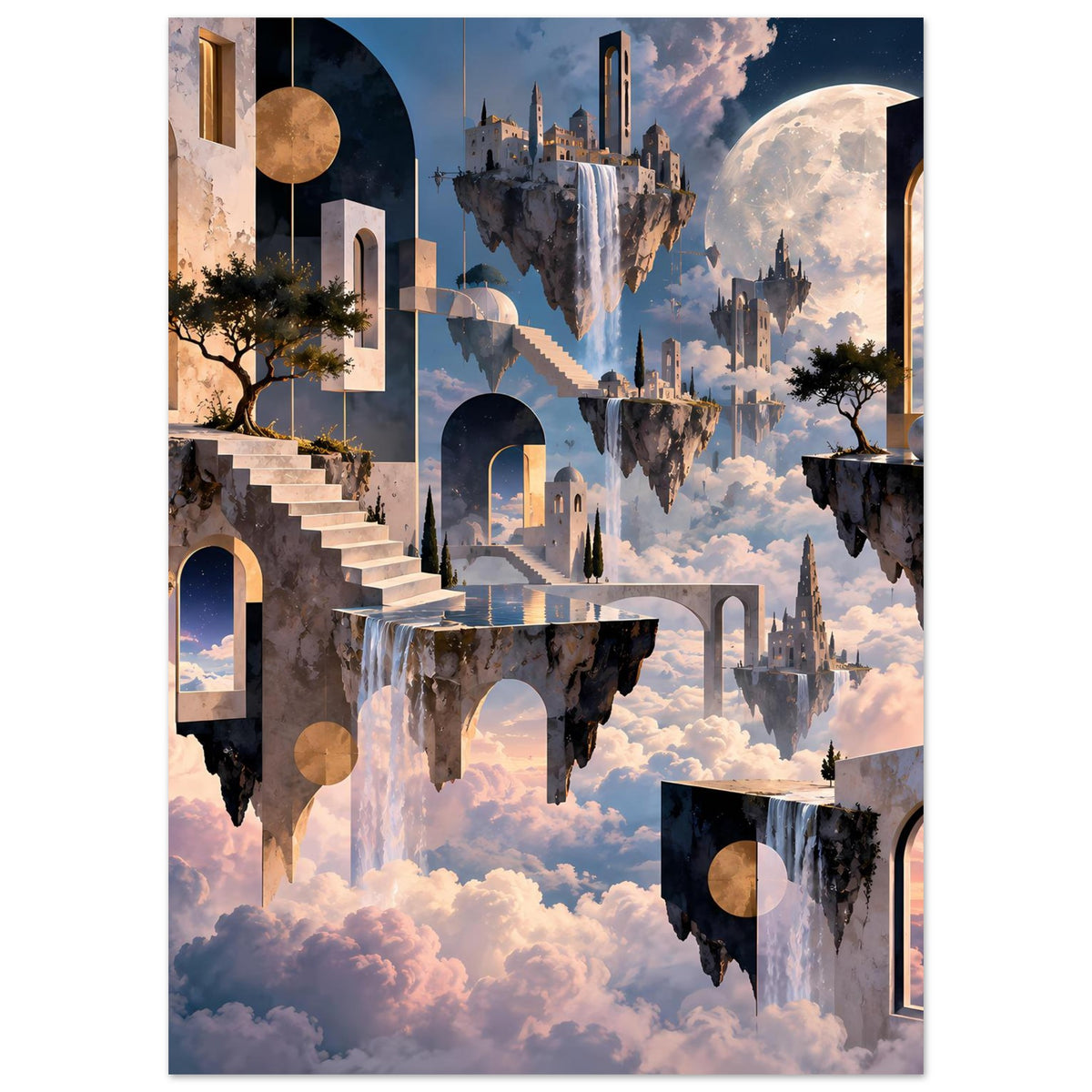 Surrealer Poster mit schwebenden Plattformen, Türmen und Mondsichel über Wolken