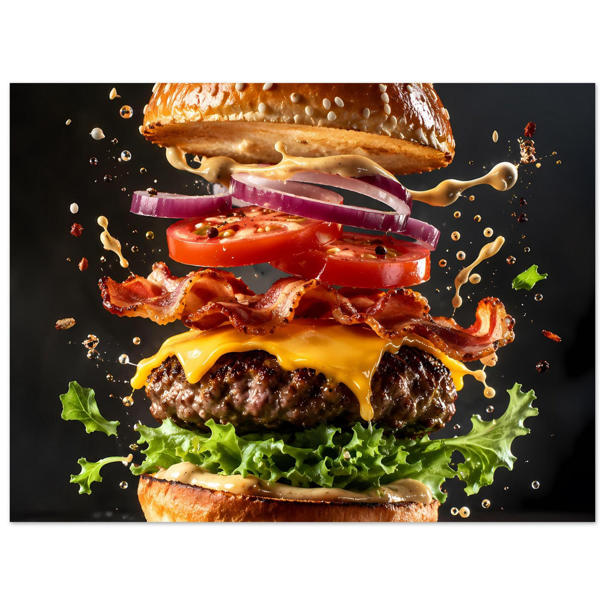 Burger-Poster mit Spritzern und aufgeschichteten Zutaten; unteres Brötchen nach oben angeschnitten