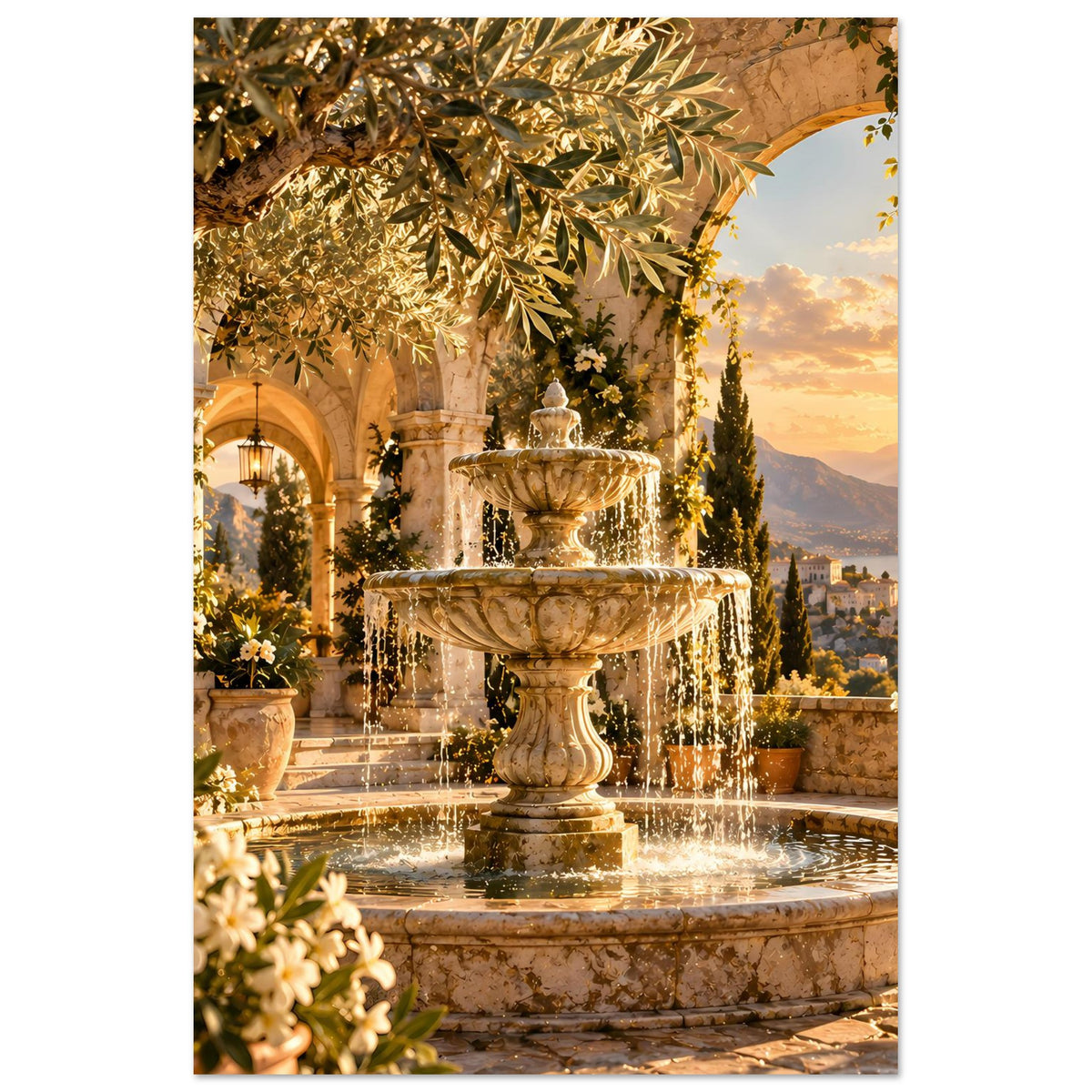 Poster im Hochformat: Springbrunnen mit Wasserfontäne, goldenes Laub und mediterraner Hintergrund