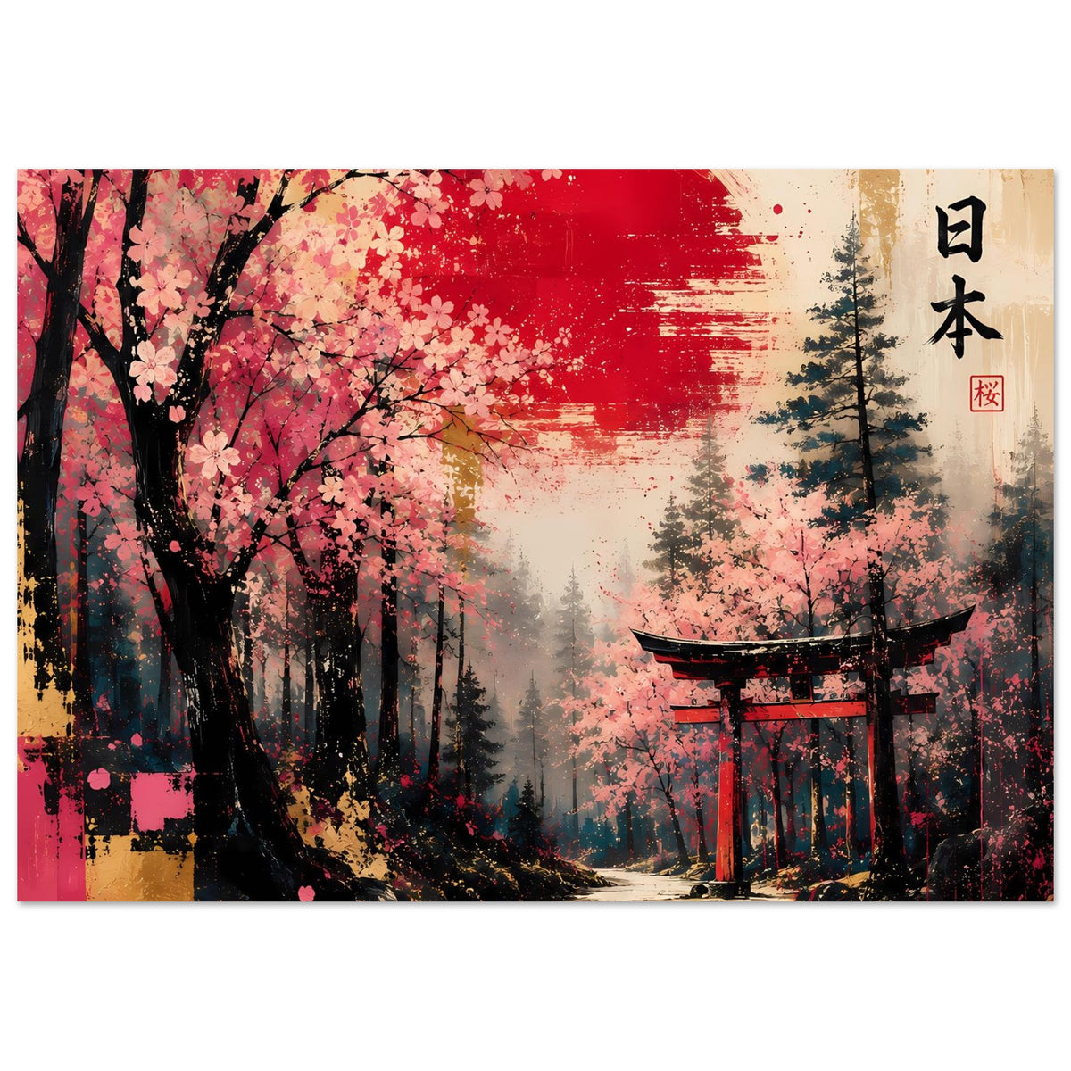 Poster mit Kirschblüten, japanischem Torii und roten Akzenten, horizontal
