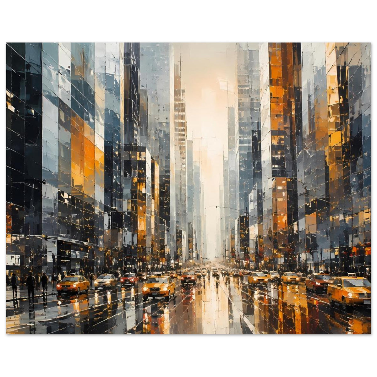 Stadtposter im Querformat mit gelben Taxis, Glassfassaden und Lichtspuren