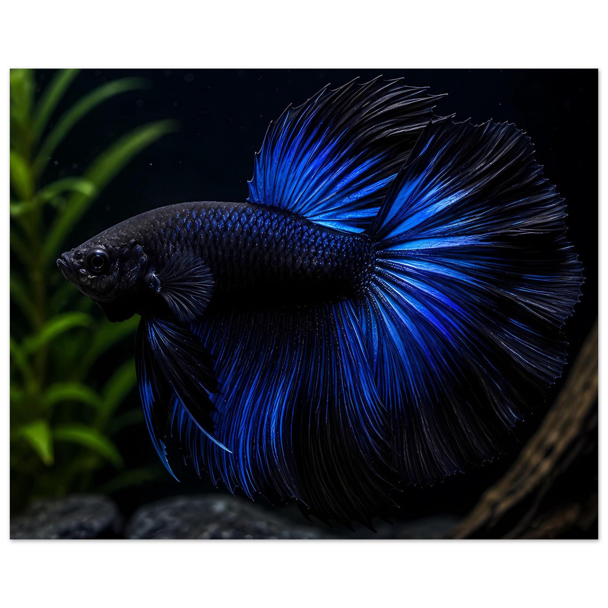 Poster mit blauem Kampffisch (Betta) seitlich, Schuppen und lange Flossen