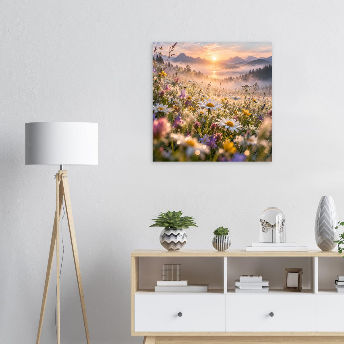 Blumenwiesen-Poster im quadratischen Rahmen mit Sonnenaufgang über Wildblumen