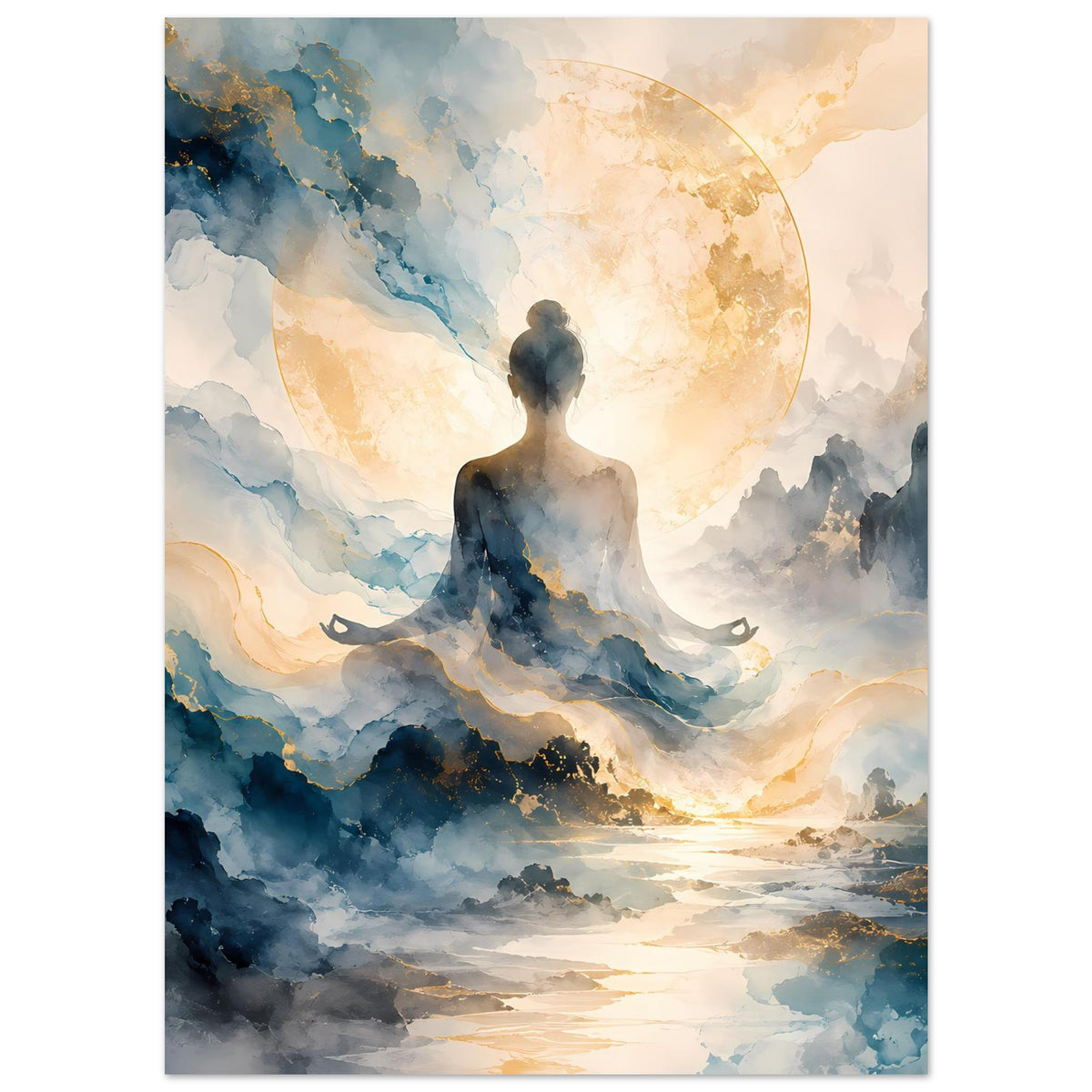 Zen-Poster: stehender Meditationseindruck mit blauen Wolken und goldenem Kreis