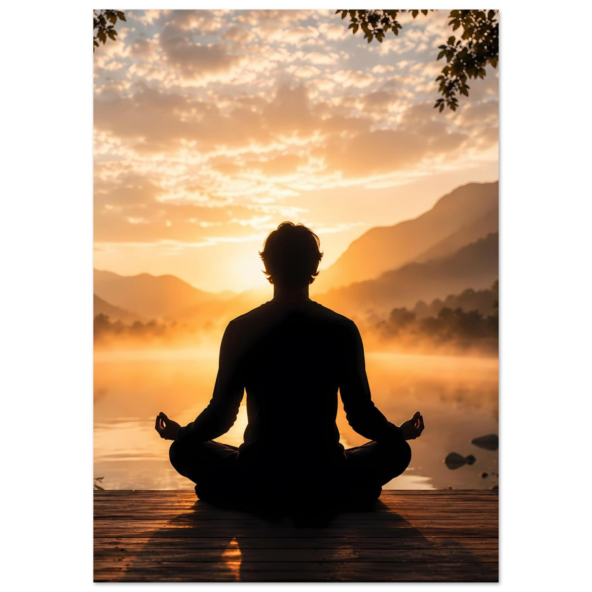 Zen-Meditationsposter im Hochformat: dunkle Meditationsfigur vor warmem Sonnenaufgang und Fluss.