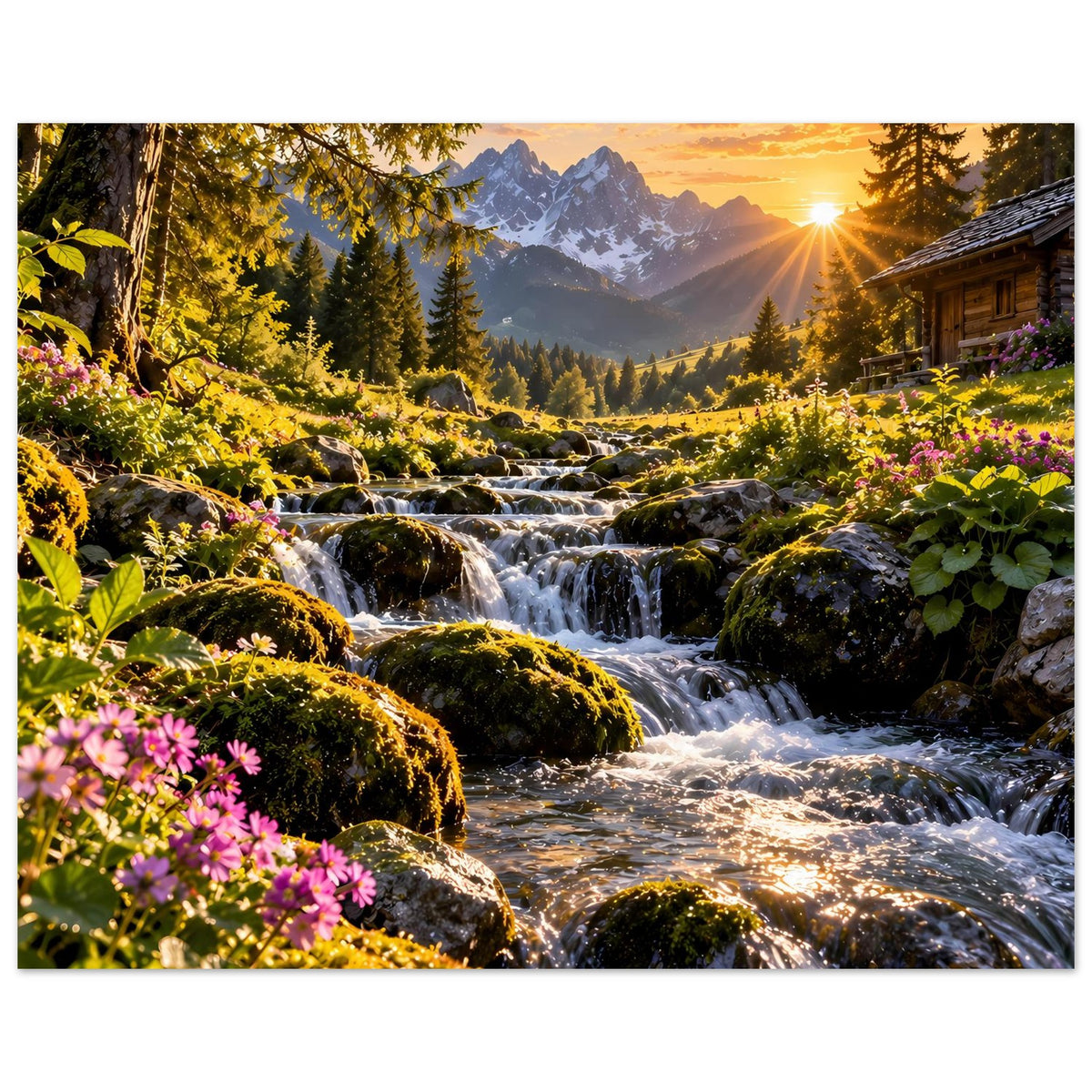 Poster im Querformat: Bach, Wasserfälle, Blüten und Berge im Abendsonnenschein