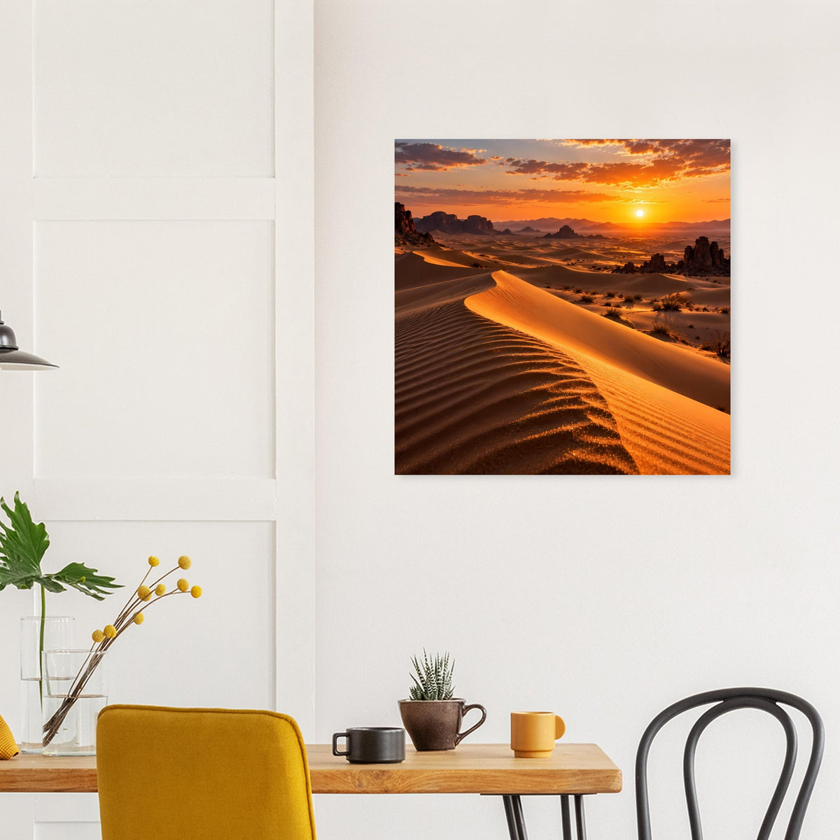 Wüsten-Poster an heller Wand, Sonnenuntergang über Dünen mit warmem Licht