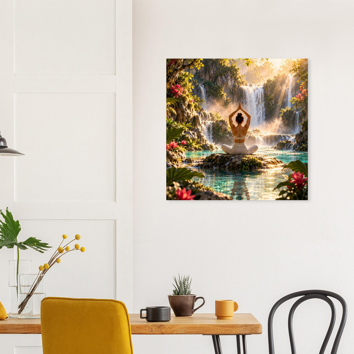 Yoga-Meditationsposter: Frau im Meditationssitz vor Wasserfall, Blumen und See
