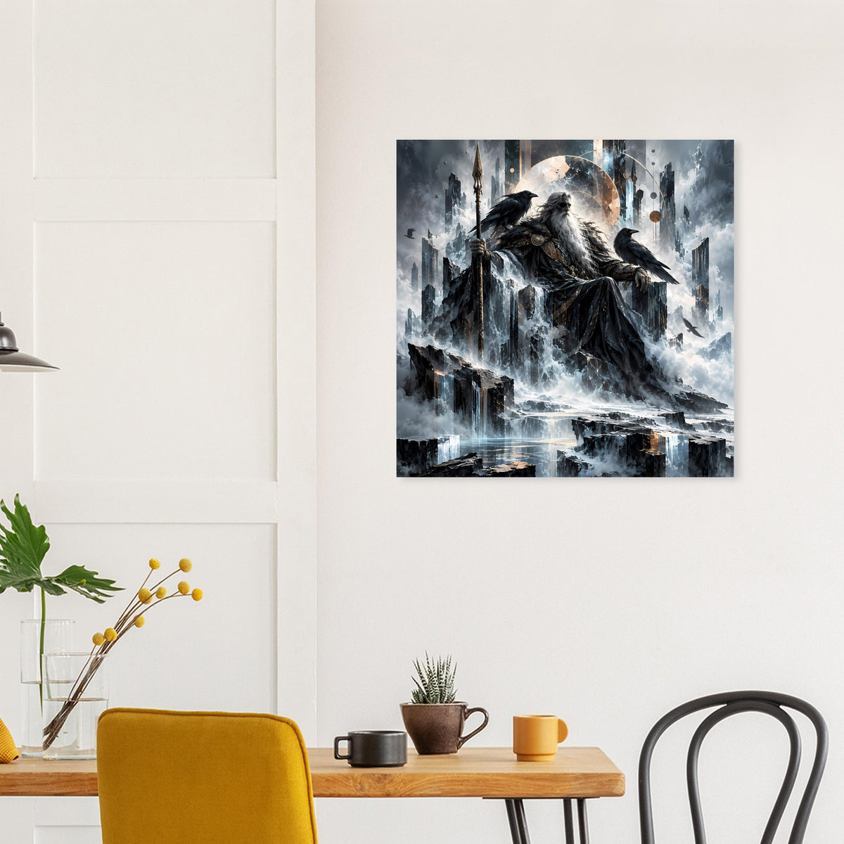 Mythologie-Poster: nordischer Gott auf Thron mit Raben, dunkle Wolken und Licht