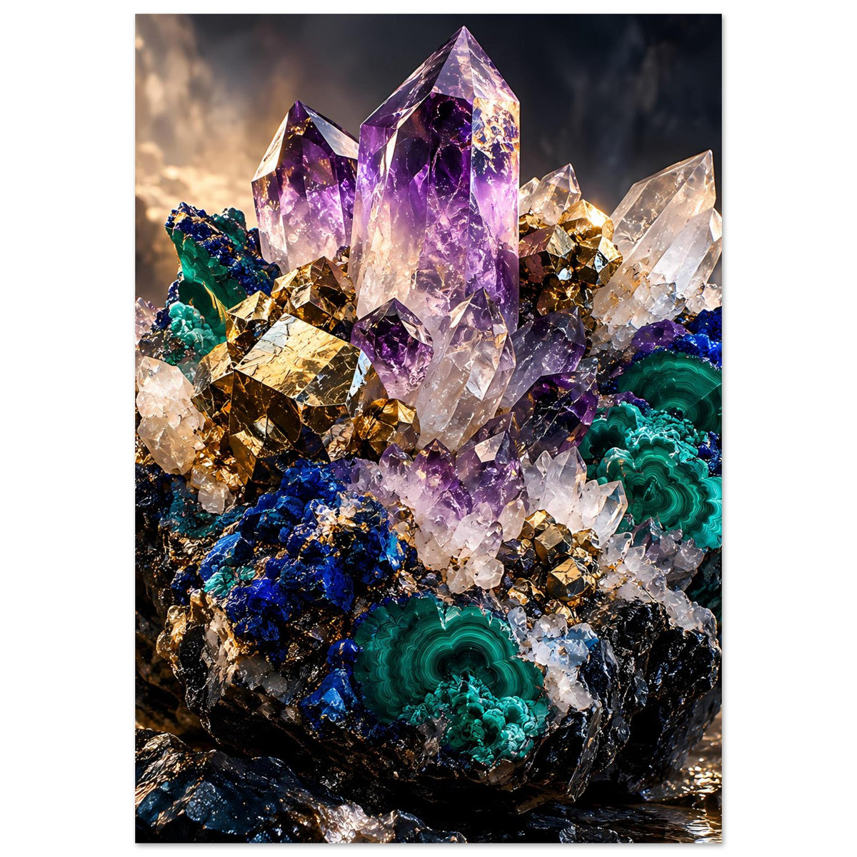 Kristallposter im Hochformat mit violetten Kristallen und grünen, schimmernden Partien