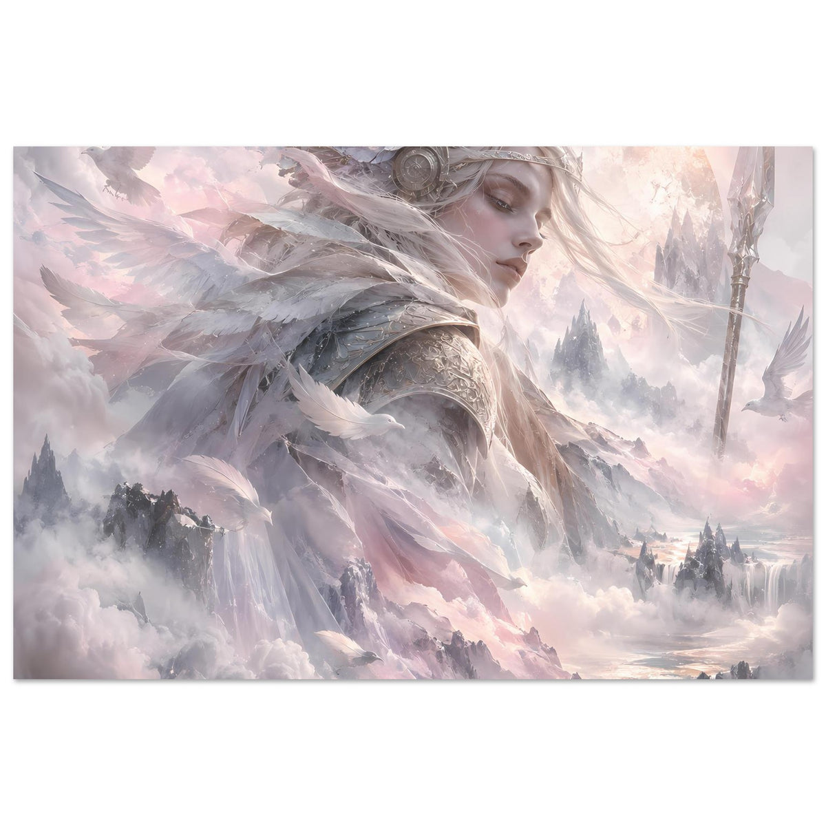 Horizontales Fantasy-Poster: Walküre mit weißen Flügeln und Schwert, ruhige Nebelstimmung