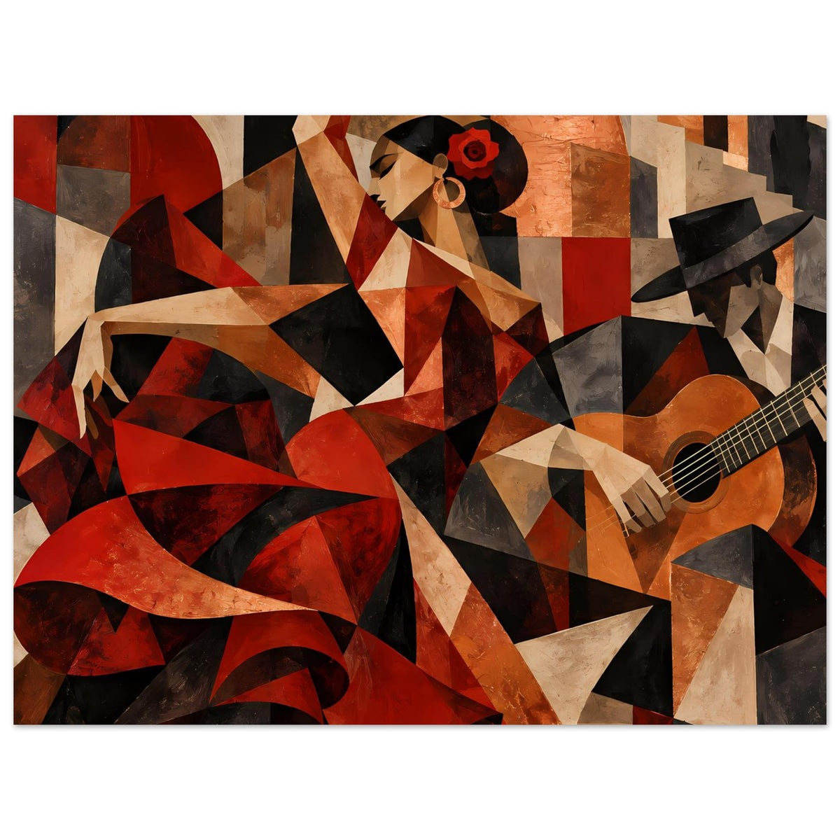 Kunstposter horizontal: Flamenco-Tänzerin mit rotem Fächer, Gitarre rechts, Collage in warmen Tönen