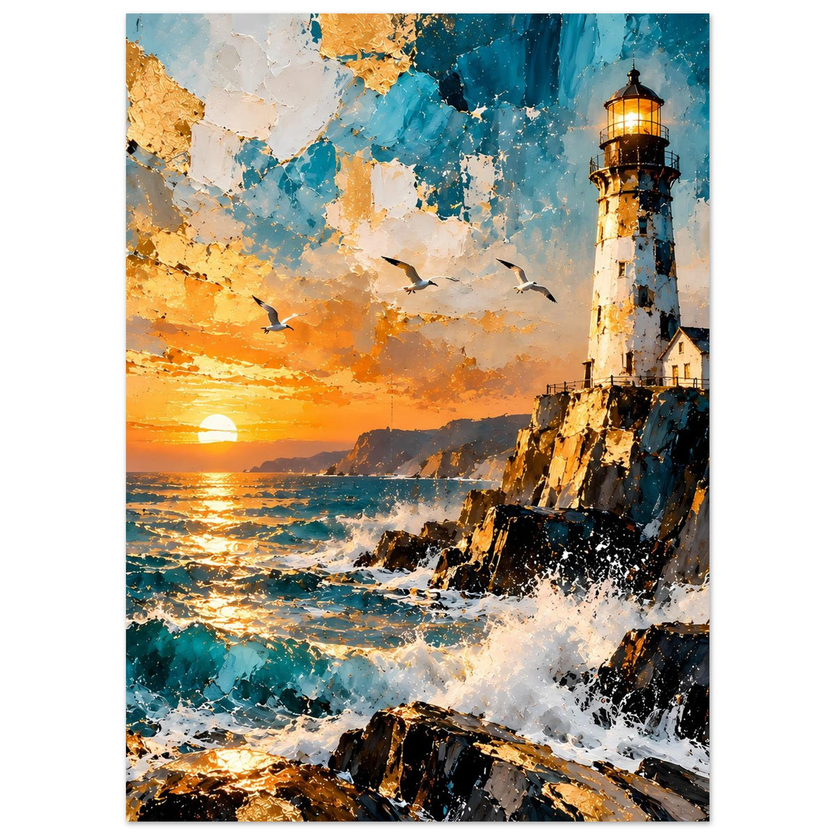 Leuchtturm-Poster im Hochformat mit warmem Himmel, Leuchtturm und türkisblauen Wellen