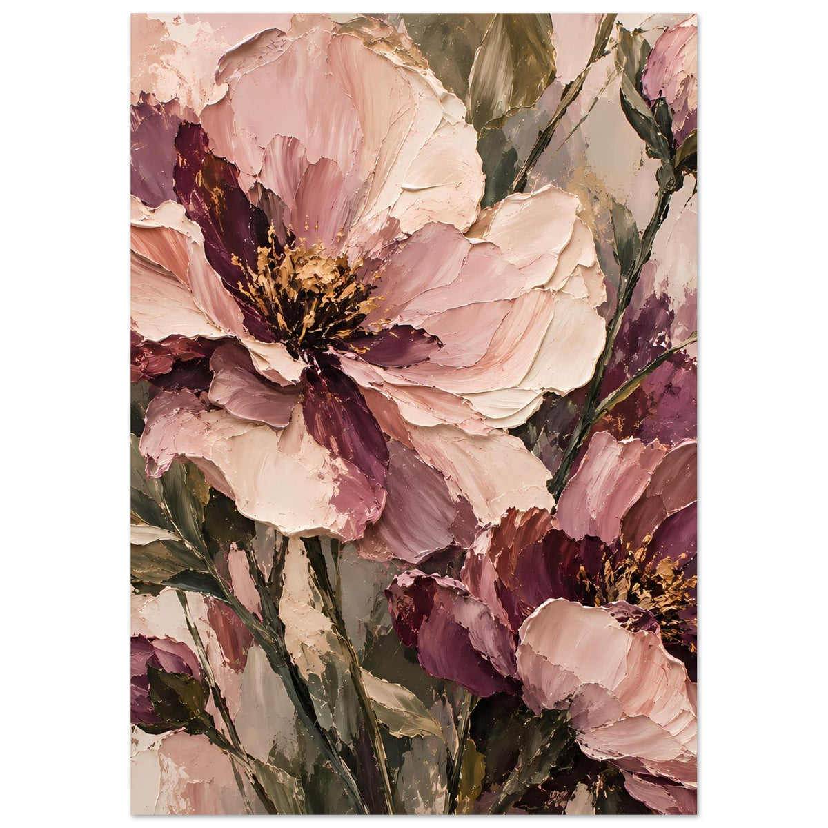 Florales Poster, naher Ausschnitt: blassrosa und mauvefarbene Blüten mit goldbraunen Staubblättern.