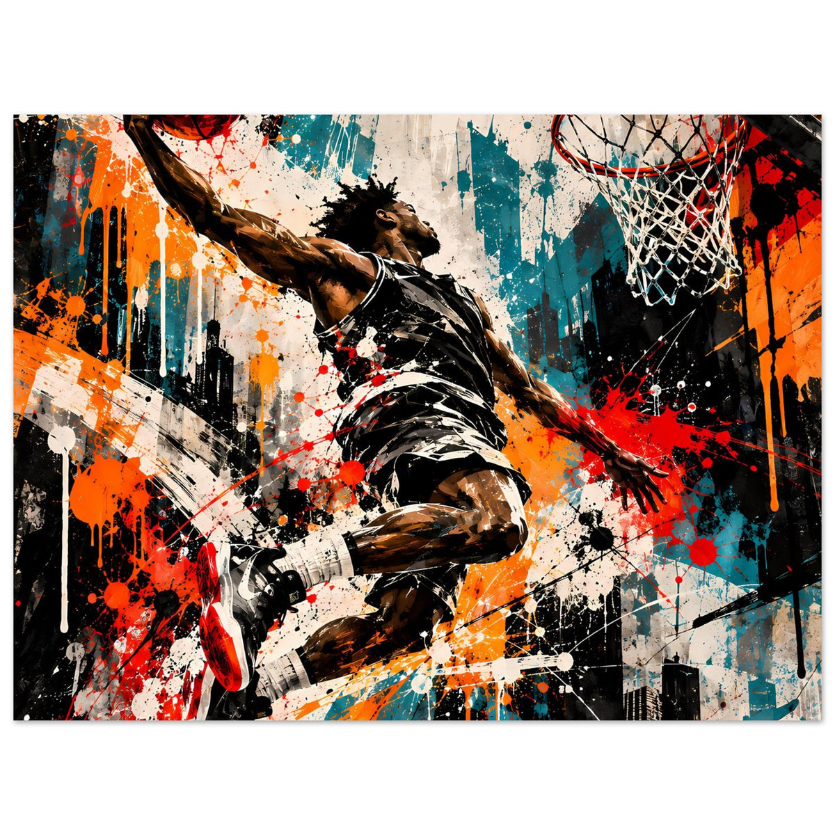 Basketball-Poster, Ausschnitt: Spieler und Basketballkorb mit Spritzfarbe und Graffiti