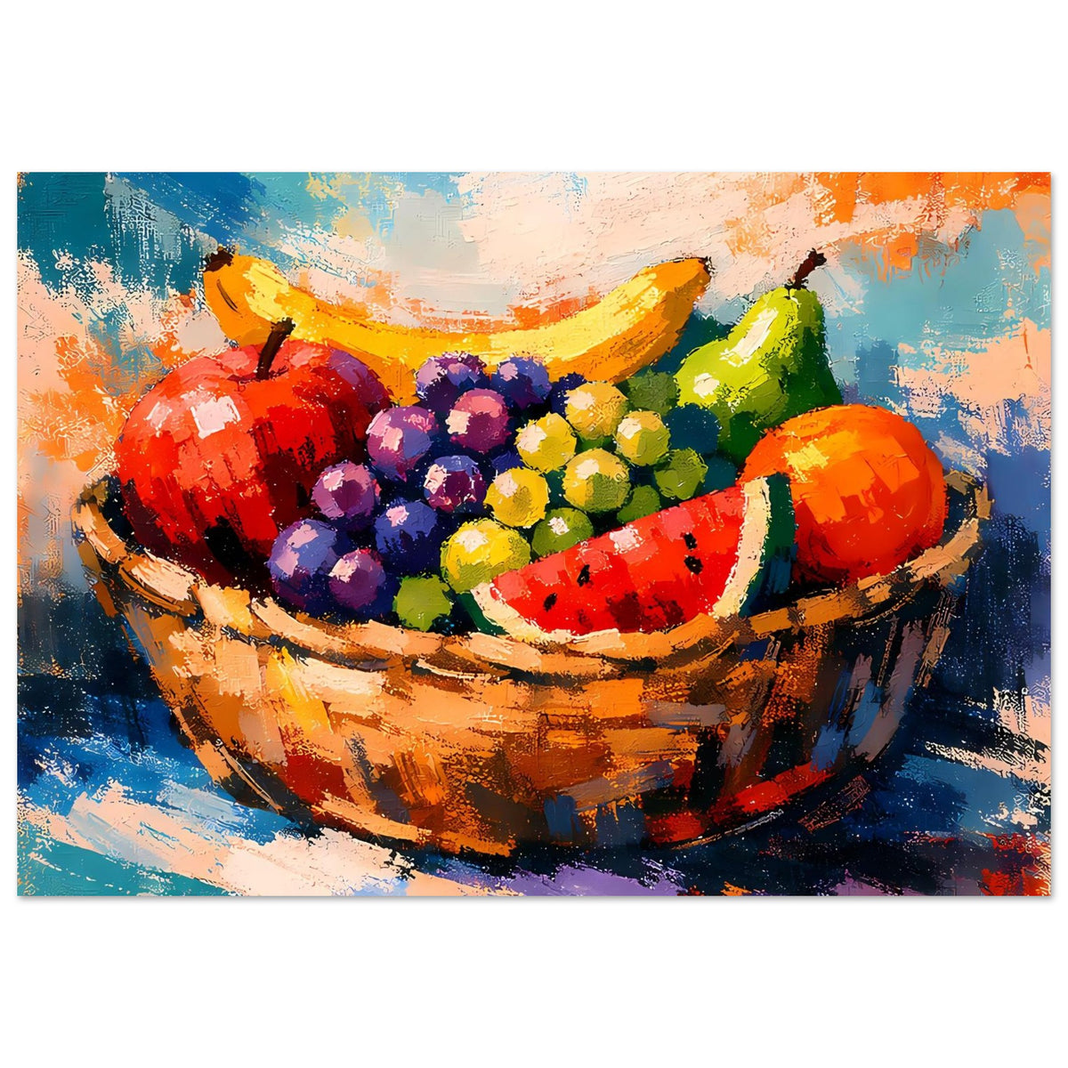 Poster: gemalte Obstschale mit Wassermelone, Trauben und grünen sowie gelben Früchten