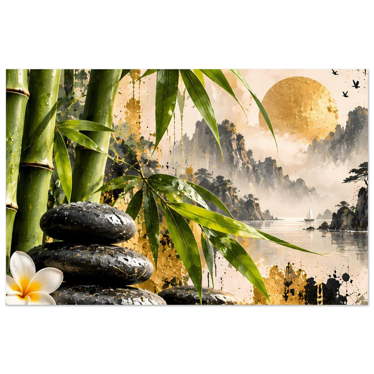 Zen-Poster mit Bambus, goldener Sonne und schwarzen Steinen, weißes Blütenmotiv links