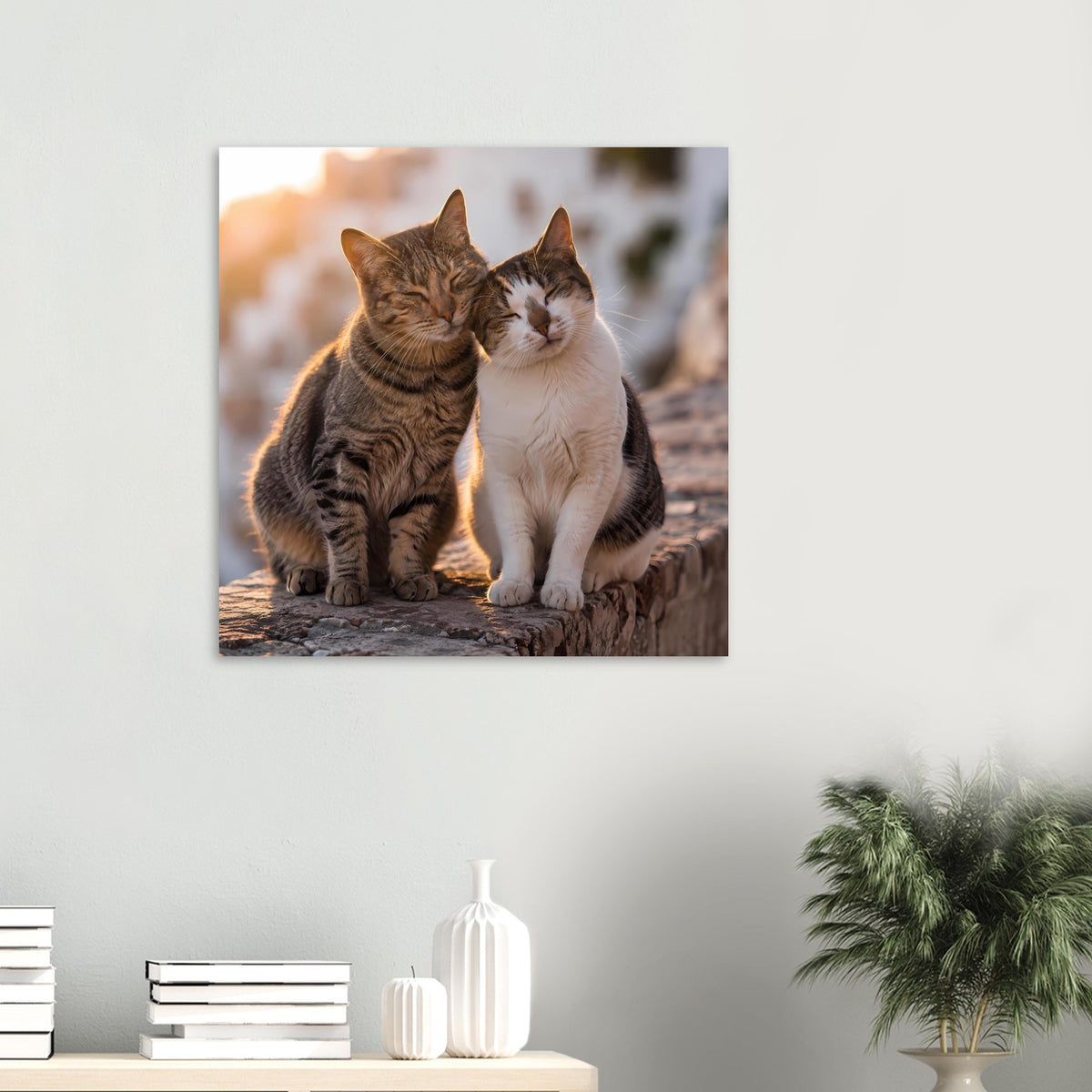 Quadratisches Poster mit zwei kuschelnden Katzen auf einer Steinmauer