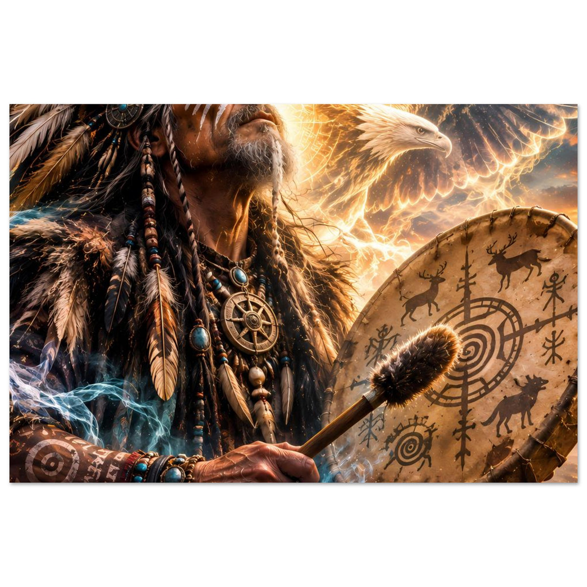 Fantasy-Poster im Querformat: Schamane mit Trommelstab, Adlerflügeln und Schutzornamenten