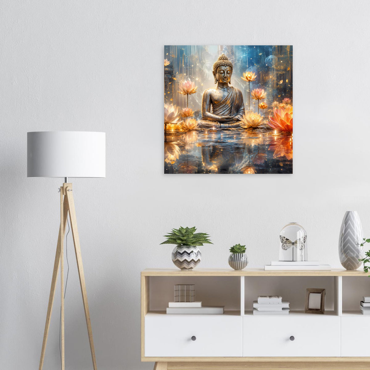 Quadratisches Poster mit goldener Buddha-Skulptur, Kerzenlichtern und leuchtenden Lotusblüten