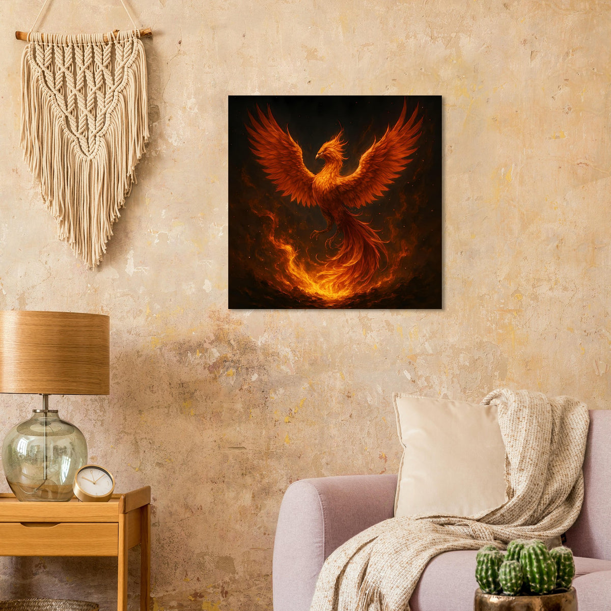 Gerahmtes quadratisches Poster mit Phönix in Flammenfarben, ausgebreiteten Flügeln