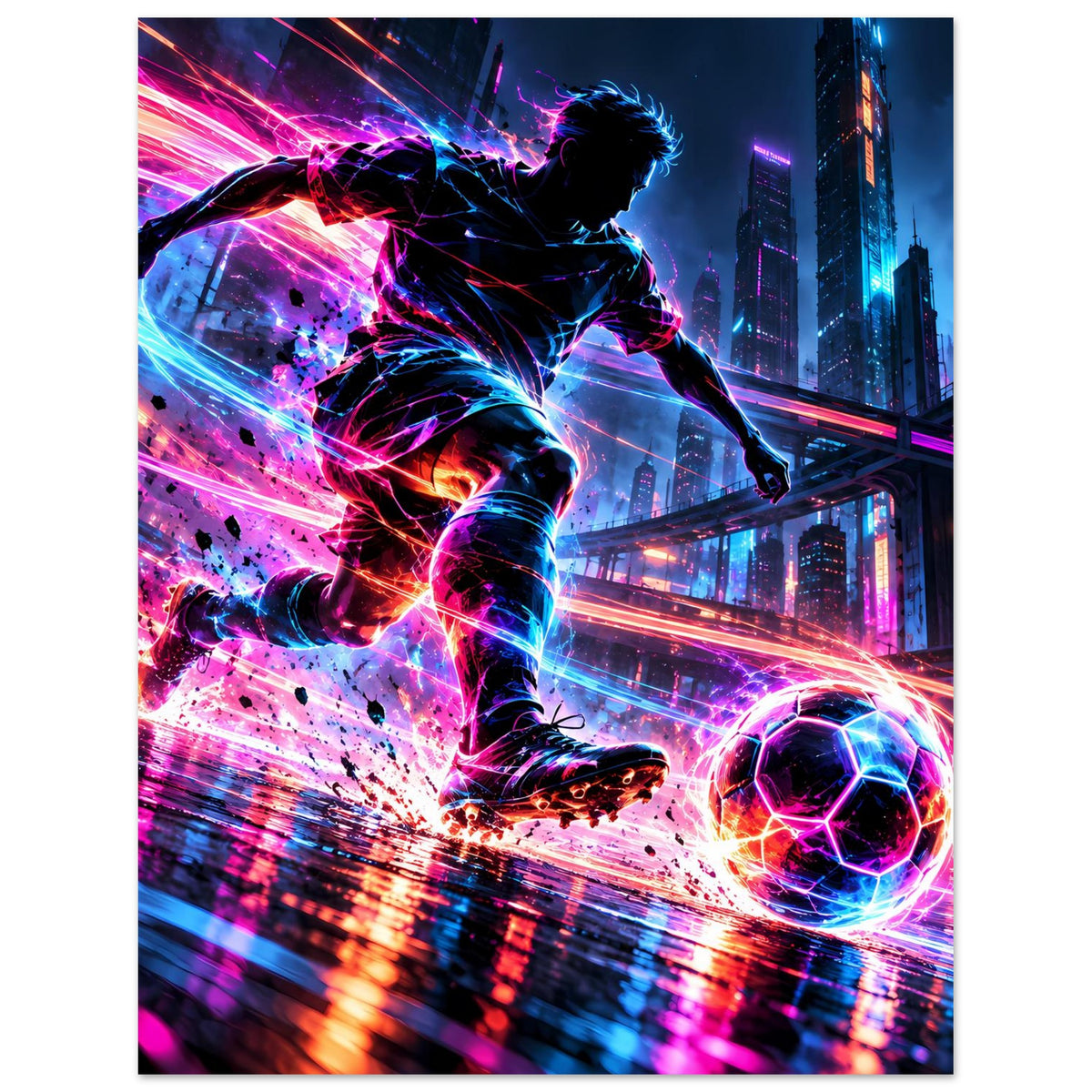 Neon-Fußball-Actionposter: sprintender Spieler mit Strahlen-Effekten und Ball
