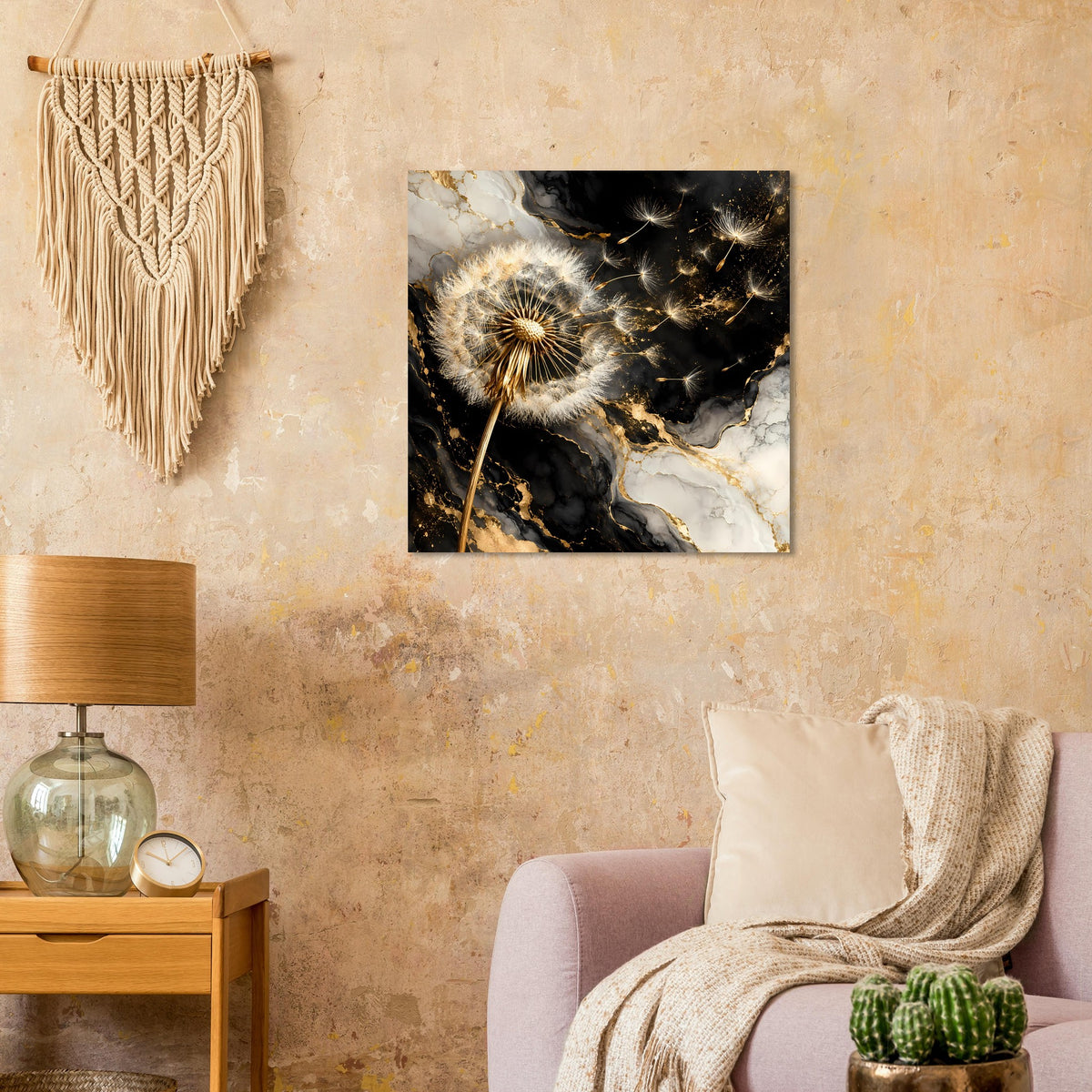 Quadratisches Poster: Pusteblume auf dunklem Marmor in Schwarz mit goldenen Akzenten