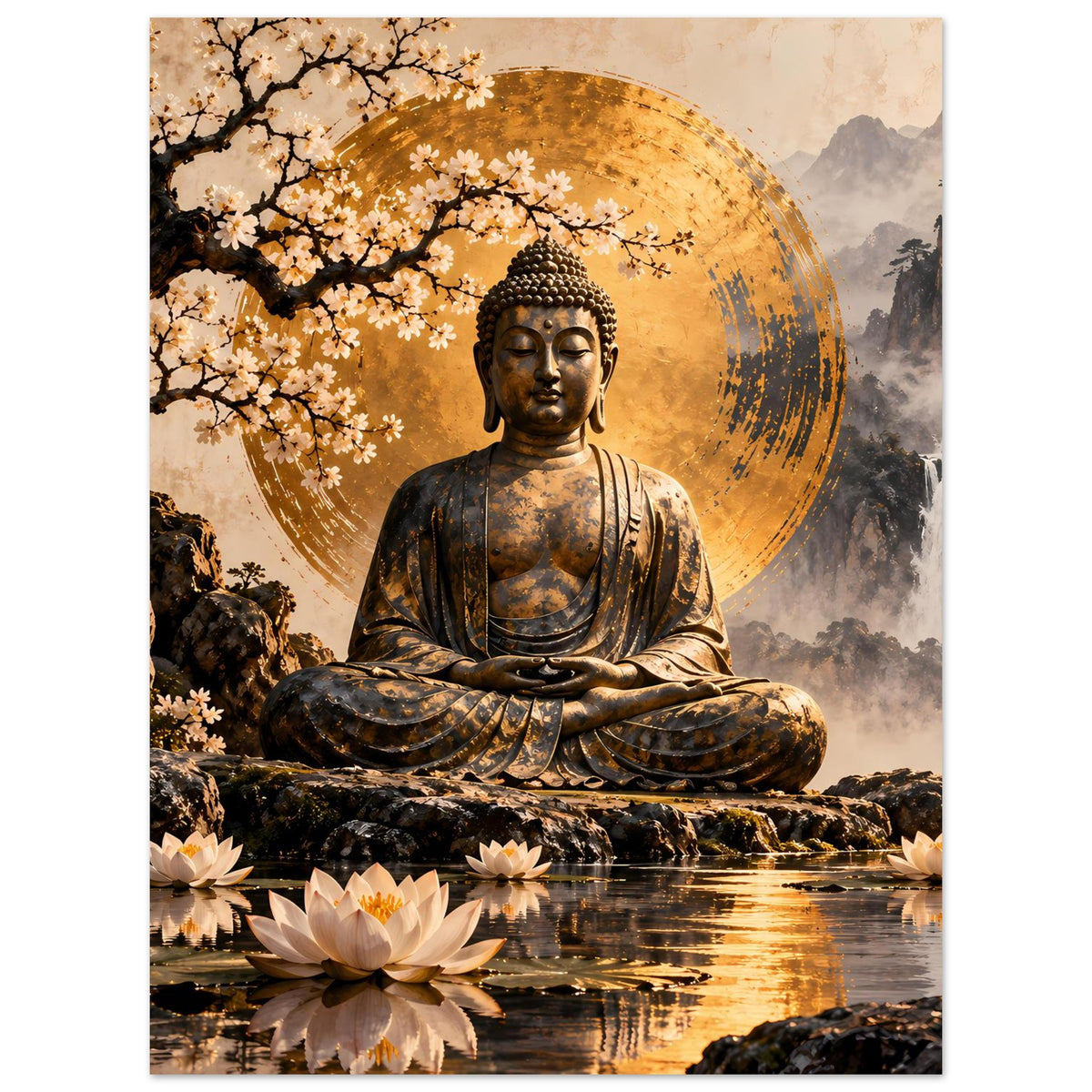 Hochformat-Poster mit sitzendem Buddha und goldener Aura, Kirschblüten und Lotus am See