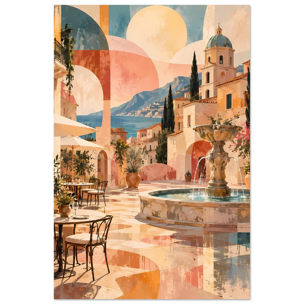 Poster mit mediterraner Piazza, Brunnen und pastellfarbener Architektur, vertikal