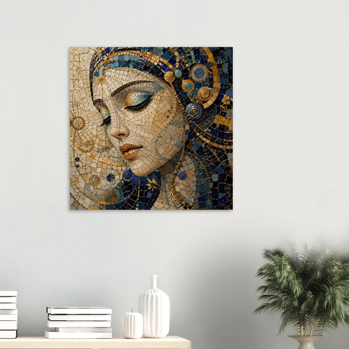 Mosaik-Porträtposter einer Frau in Blau-Gold mit detailliertem Gesichtsausdruck
