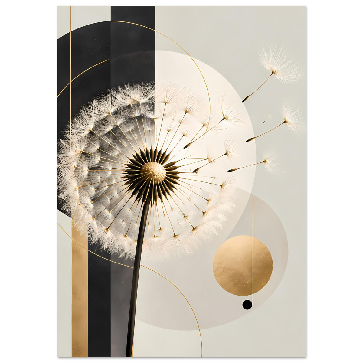 Wandposter mit Dandelion-Motiv, zentraler Samenball, goldene Rundlinien und beige Elemente