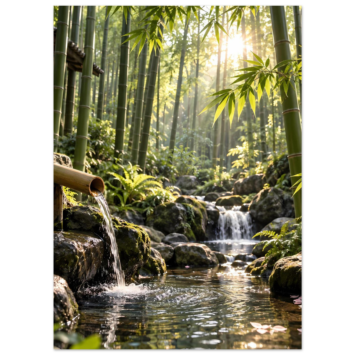 Wandposter: Vertikales Naturmotiv mit Bambuswald, Wasserfall über Felsen und Bach