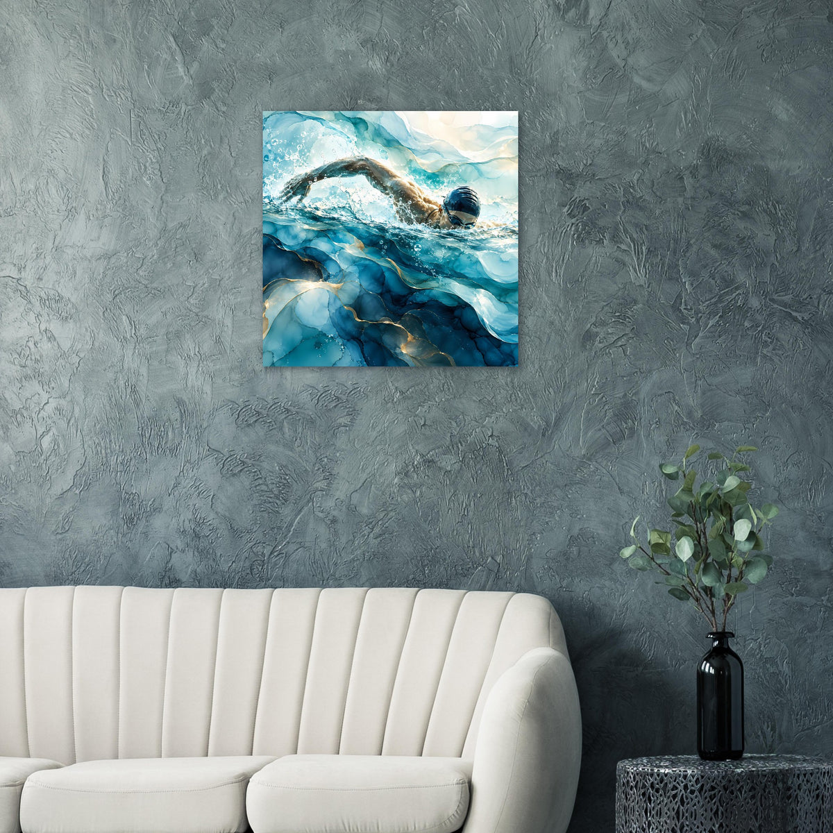 Quadratisches Poster mit Schwimmer-Szene in Blau, dynamische Wellen und Schaum