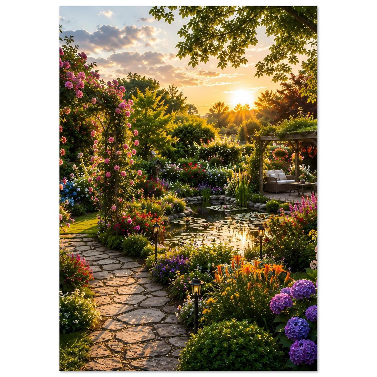 Poster mit Gartenlandschaft: Blumenrabatten, Steinplattenweg und goldener Sonnenuntergang