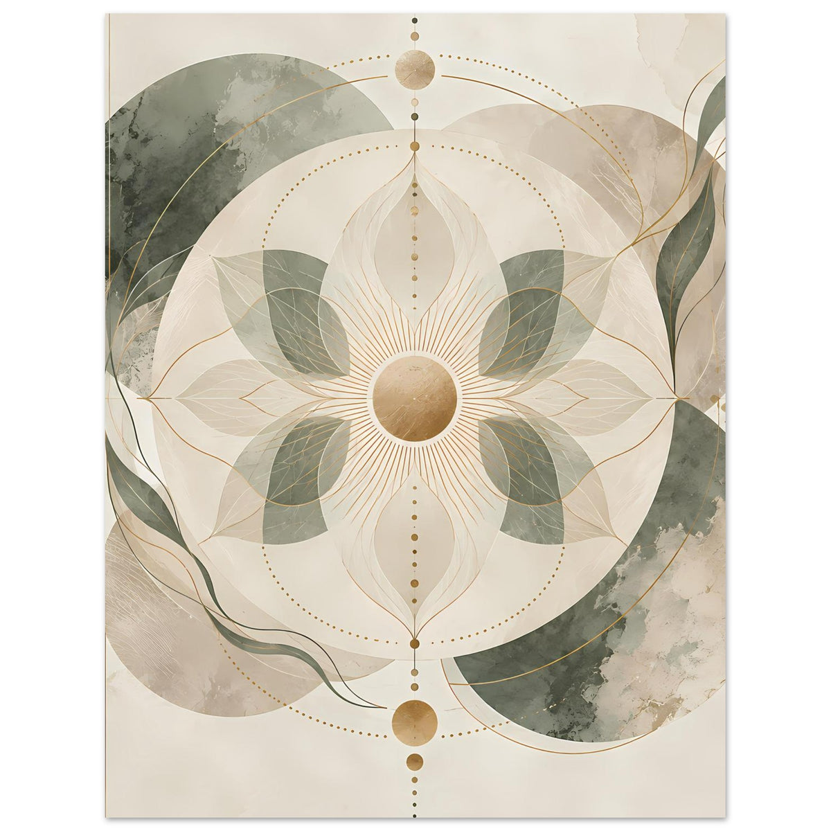 Zen-Poster im Hochformat mit Mandala-Motiv: beige Flächen, grüne Elemente, goldene Linien