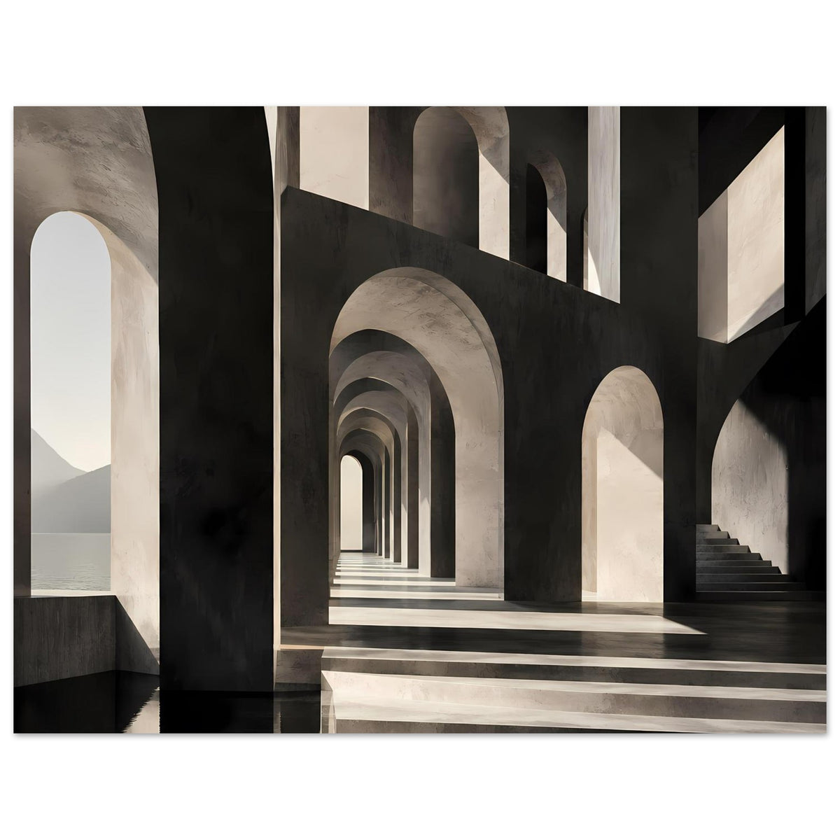 Gerahmtes Architektur-Poster: dunkle Säulen, helle Nischen und spiegelnde Flure
