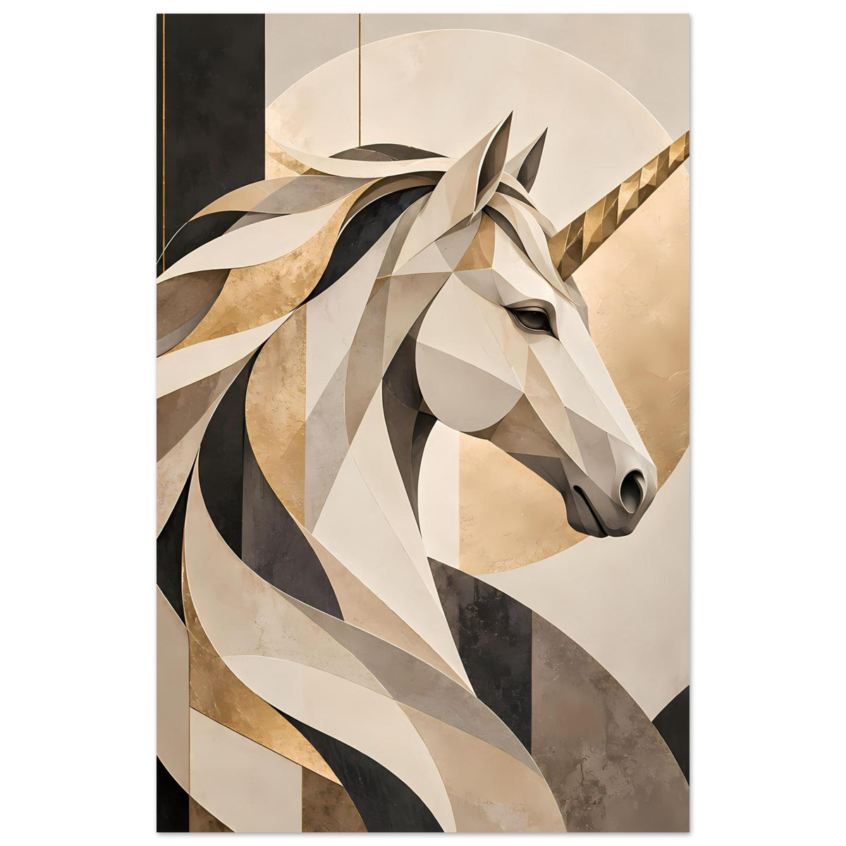 Einhornporträt-Poster, Nahansicht des Kopfes mit geometrischen Flächen in Beige und Schwarz