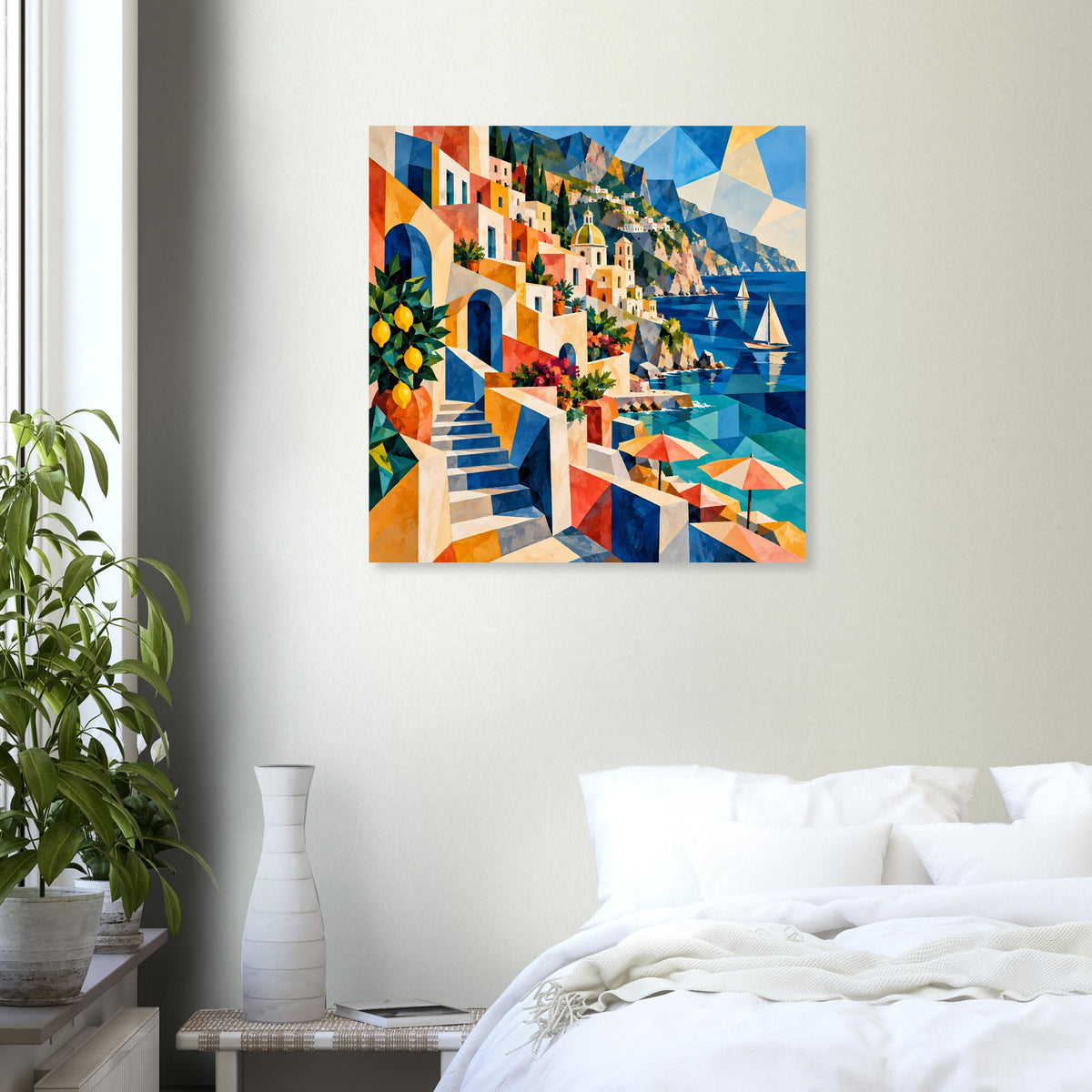 Quadratisches Wandposter der Küste mit Häusern, Treppen und türkisfarbenem Meer