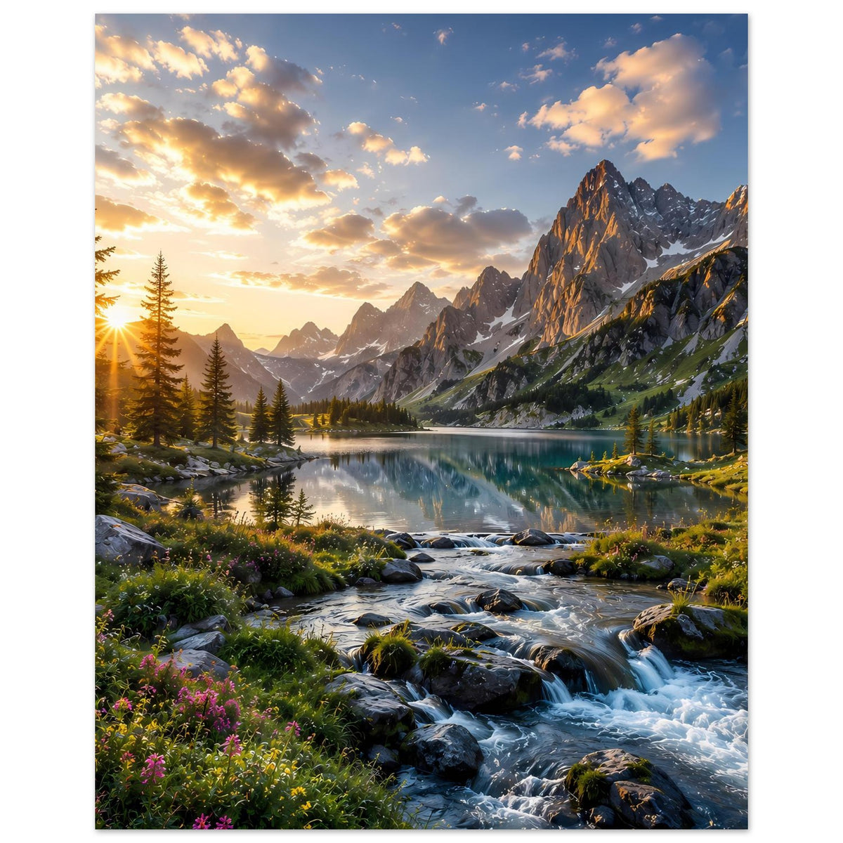 Poster im Hochformat mit Sonnenaufgang: felsige Berge, Wald und spiegelnder See