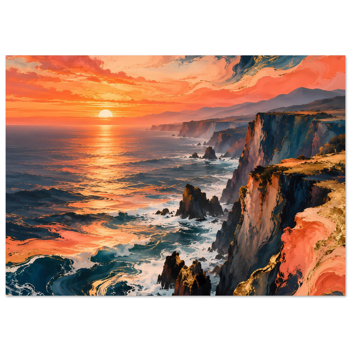 Poster mit Sonnenuntergang über Steilküste, leuchtende Ozean- und Himmelsfarben