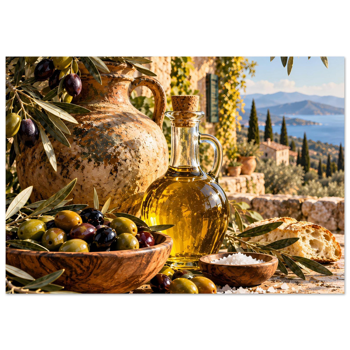 Oliven-Ernteposter horizontal: Ölflasche, Oliven, Brot und Olivenzweige auf Steintisch