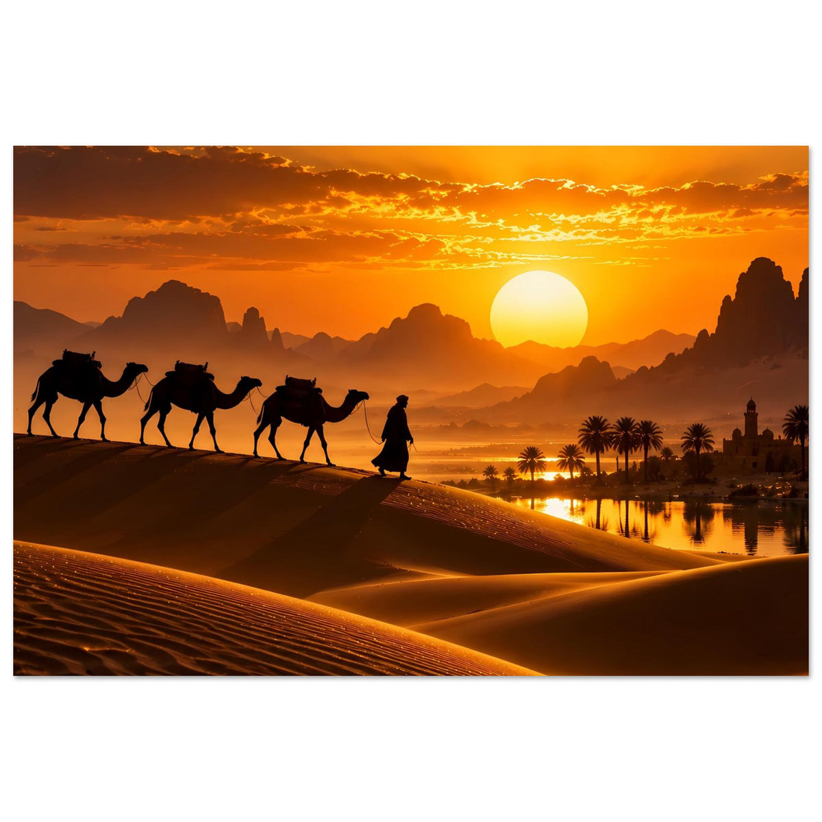 Poster im Querformat mit Kamelen und Reiterfigur entlang der Dünen im Sonnenuntergang