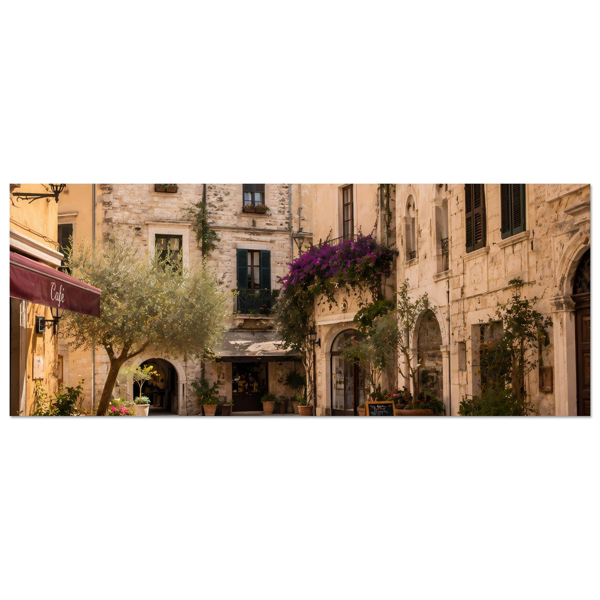 Mediterranes Straßen-Szene-Poster, horizontal: Gasse mit Steinhäusern, Arkaden und Blumen im Hof