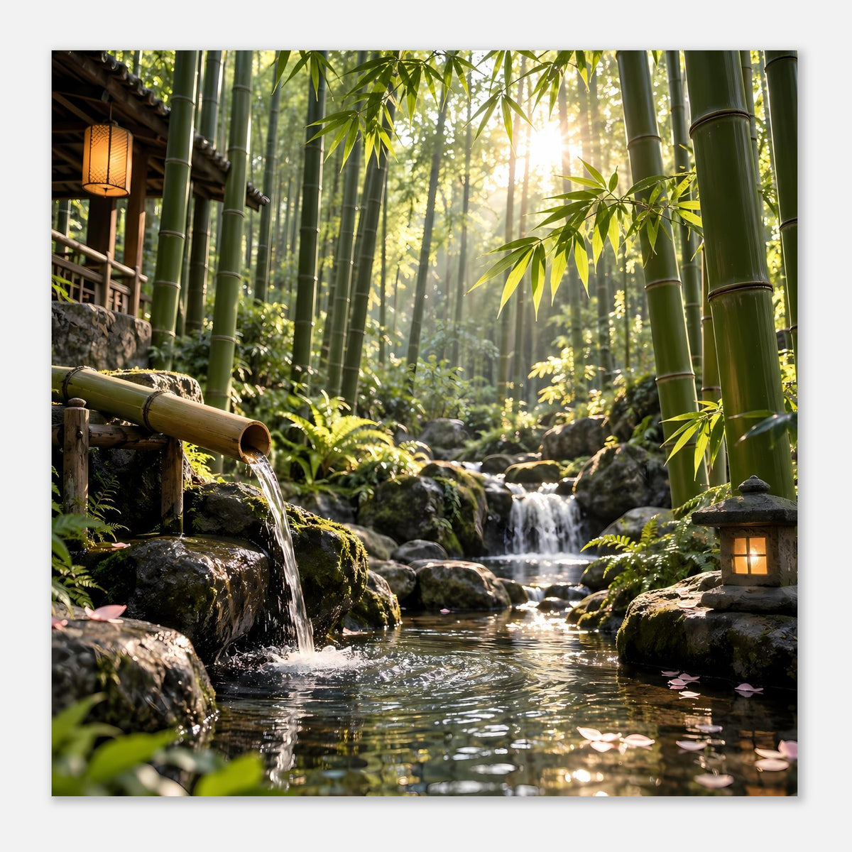 Wandposter mit Bambuswald und Wasserfall, Rohrspritzer ins Becken und Laterne